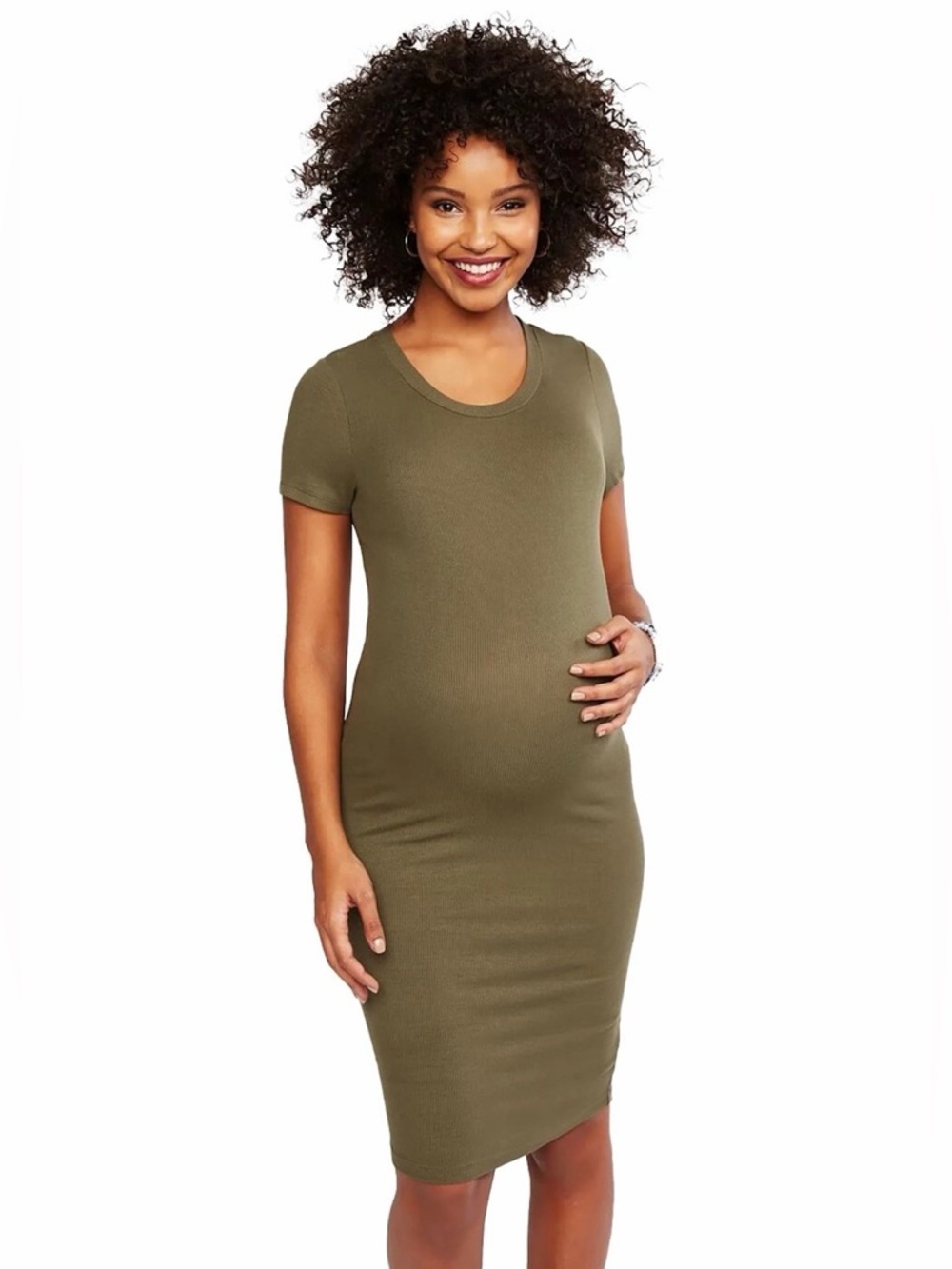 Motherhood Maternity Olive Green Ribbed Short Sleeve Midi Dress